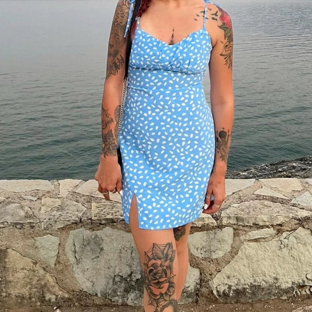 Shein light blue split hem Dalmatian slip dress size small